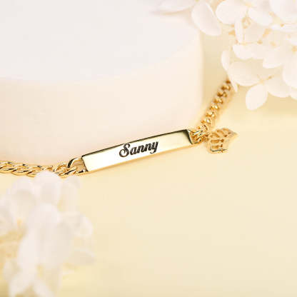 Gold Plated Personalized Cuban Chain Engraved Name Bar Bracelet with Crown Pendant-silviax