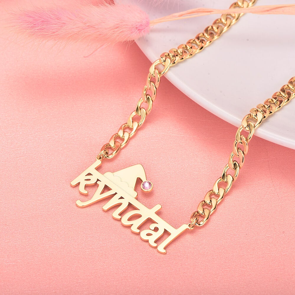 Christmas Hat With Birthstone And Horizontal Line Cuban Chain Personalized Custom Gold Plated Name Necklace-silviax