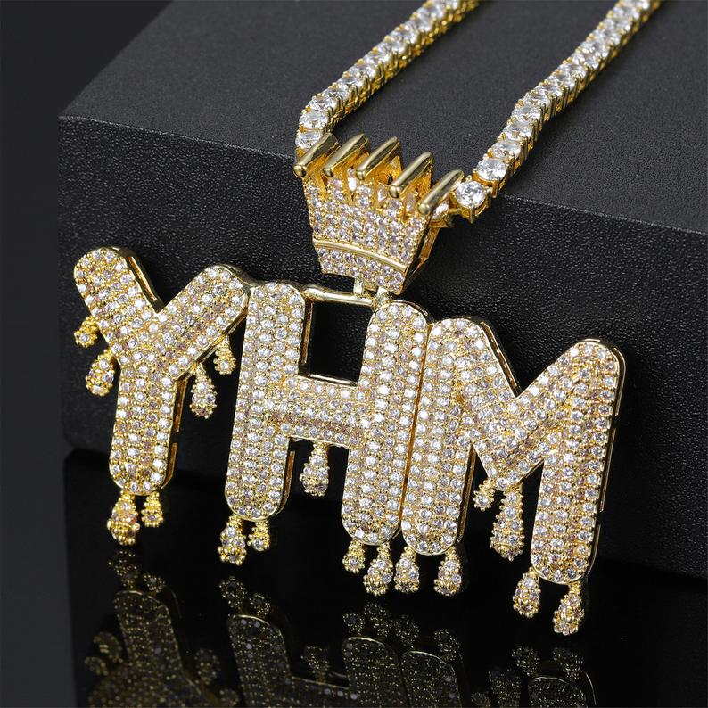 Tennis Chain Crown 2 to 6 Drip Letters Pendant Custom Gold Plated Initial Necklace-silviax