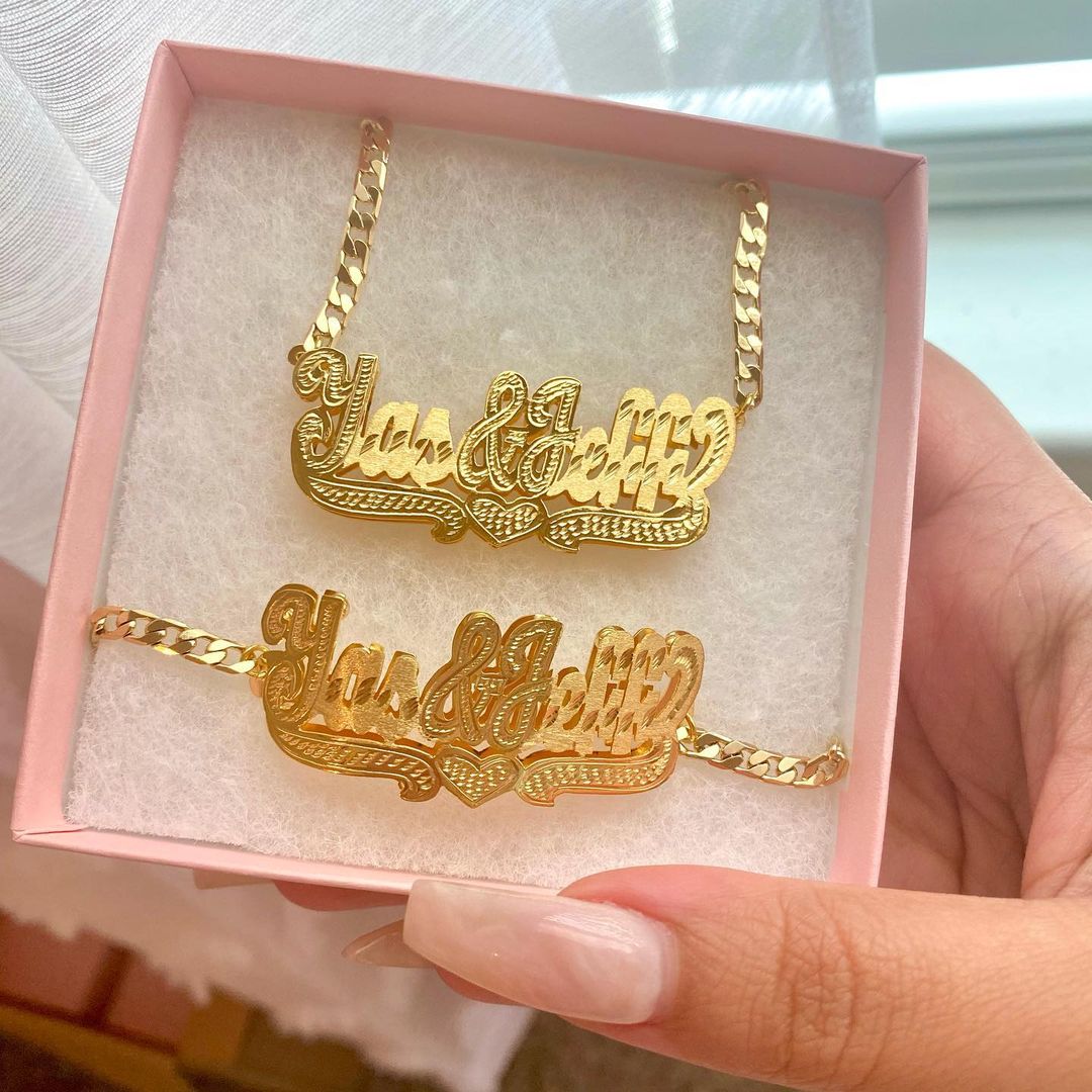 Custom Double Layer Gold Plated Diamond Cut Heart Name Necklace and Bracelet Set-silviax
