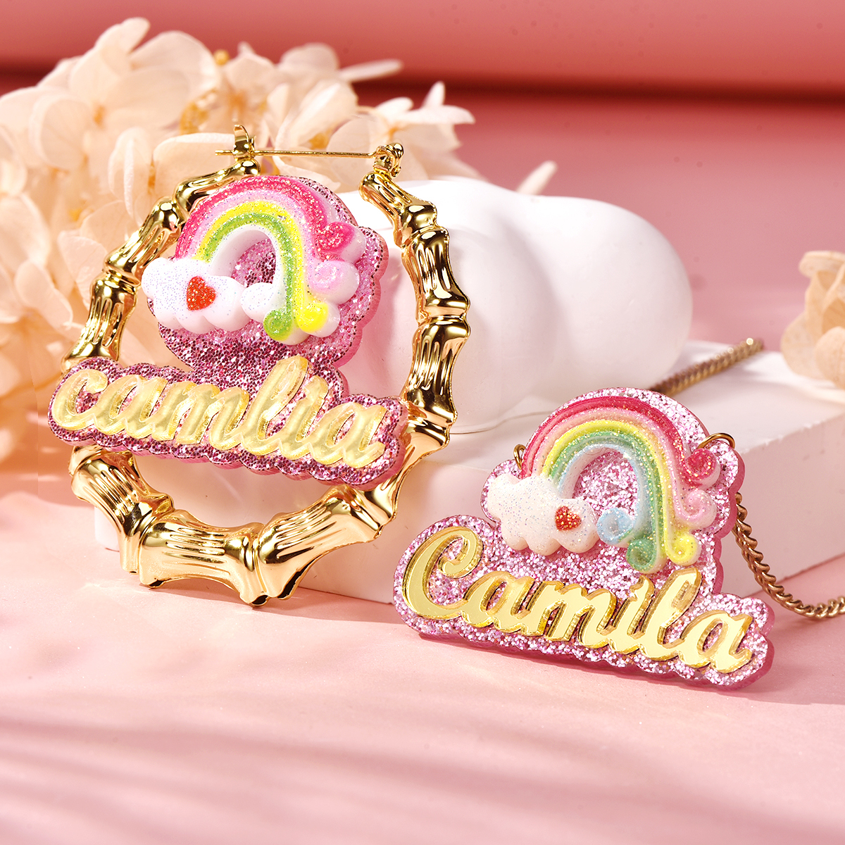 Cute Rainbow Acrylic Personalized Colorful Name Necklace and Bamboo Earrings Set-silviax
