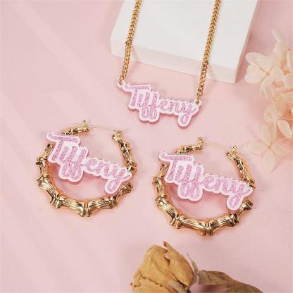 Pink Color Acrylic Name Jewelry Set Personalized Custom Name Necklace Bamboo Name Earrings Set Kids Gift-silviax