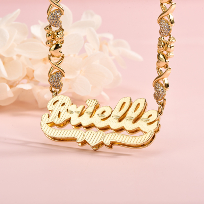 Teddy XOXO Chain Double Layer Heart Personalized Custom Gold Plated Name Necklace