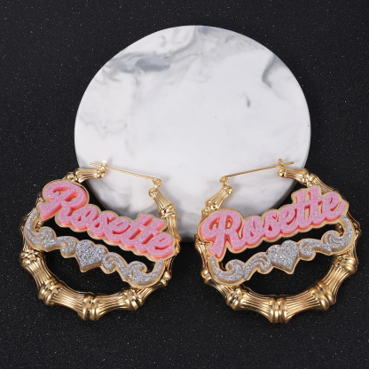 Double Plate Pink Acrylic Nameplate Personalized Custom Name Bambom Earrings