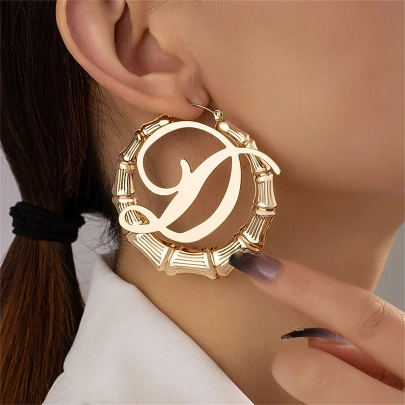 Personalized Custom Gold Plated Initial A-Z Letter Bamboo Name Earrings Gift For Her-silviax