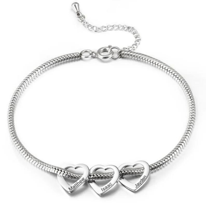 Heart Charms Personalized Custom Family 2 To 5 Names Engraved Bracelet-silviax