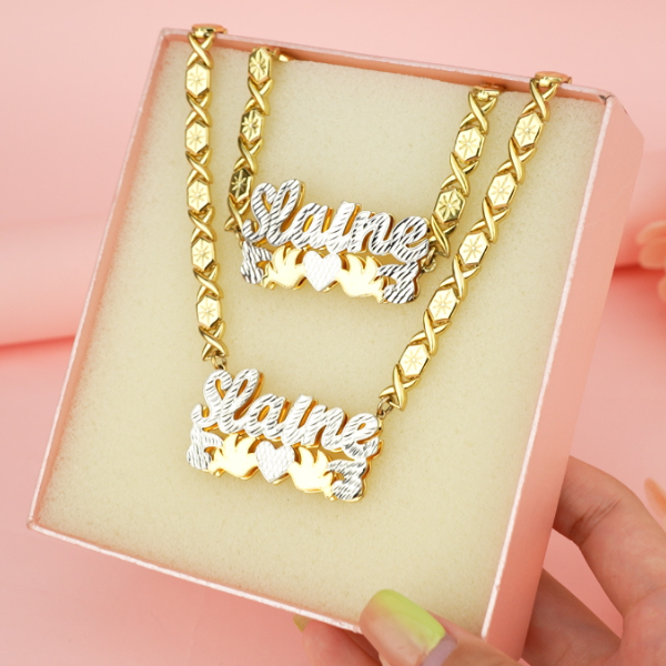 Double Layer Two Tone with Two Birds Gold Plated Personalized Custom XOXO Chain Name Necklace and Bracelet Set-silviax