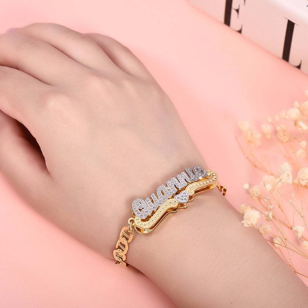 Double Layer Two Tone With Heart Personalized Custom Gold Plated Name Necklace Bracelet Set-silviax