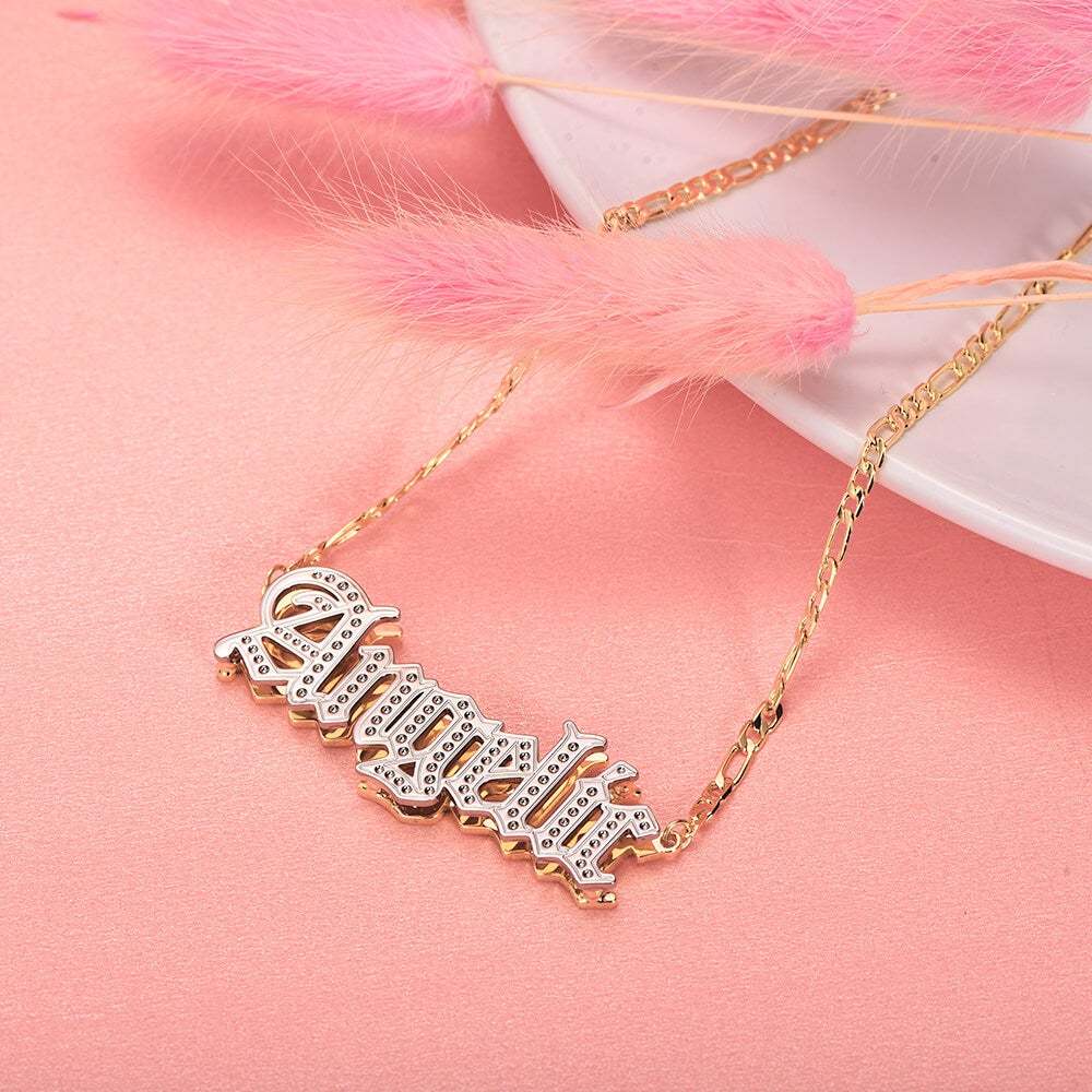 Double Layer Two Tone Old English Font Nameplate Personalized Custom Gold Plated Name Necklace-silviax