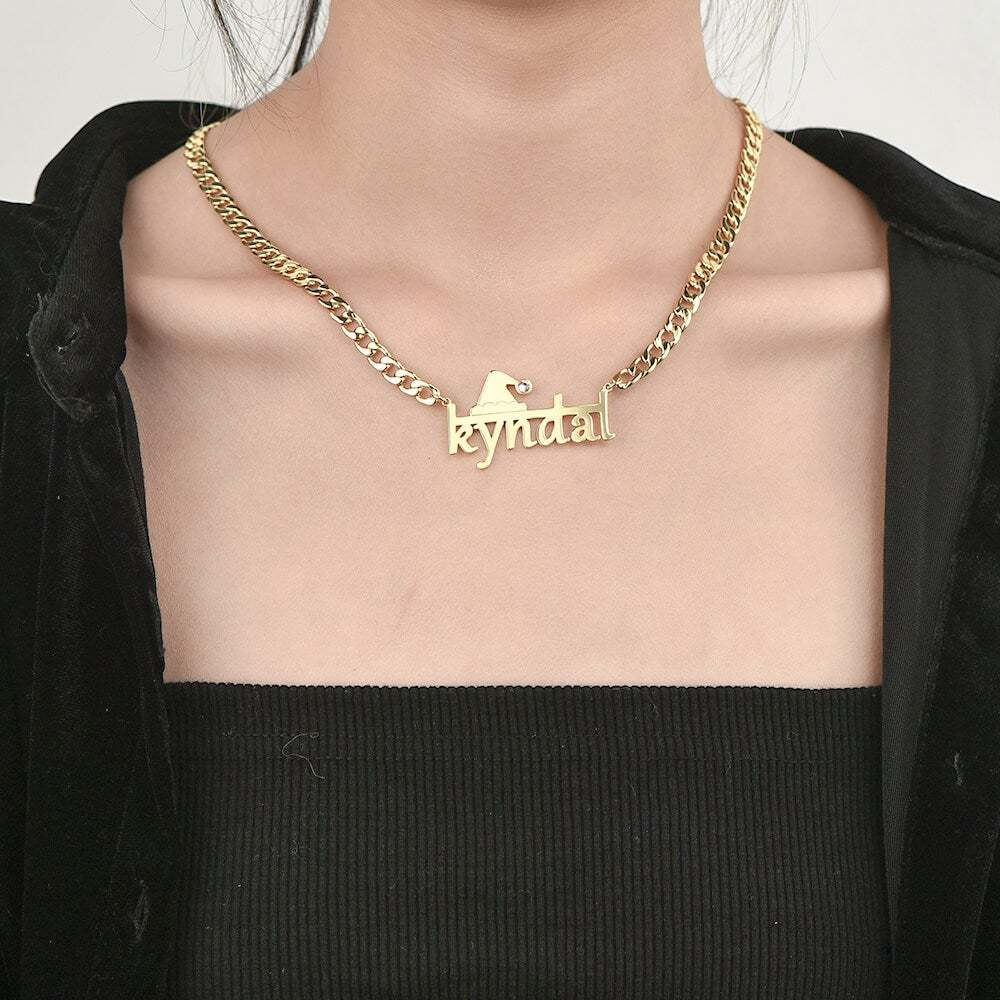 Christmas Hat With Birthstone And Horizontal Line Cuban Chain Personalized Custom Gold Plated Name Necklace-silviax