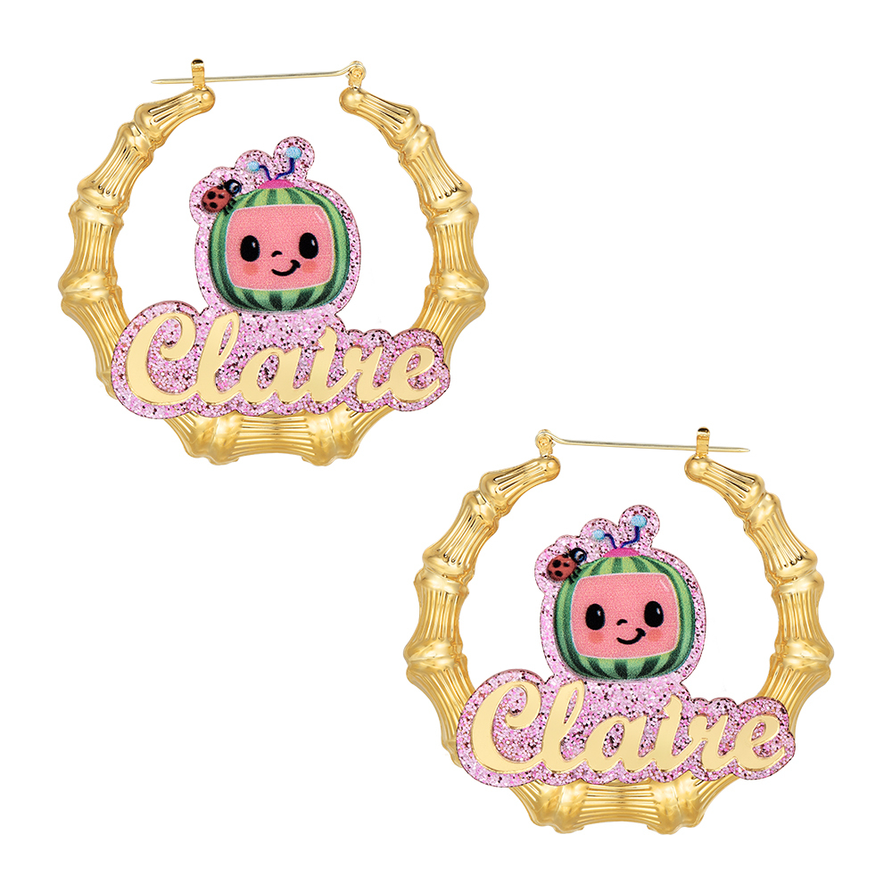 Pink Acrylic Cute Watermelon Nameplate Jewelry Set Personalized Name Necklace and Bamboo Earrings-silviax