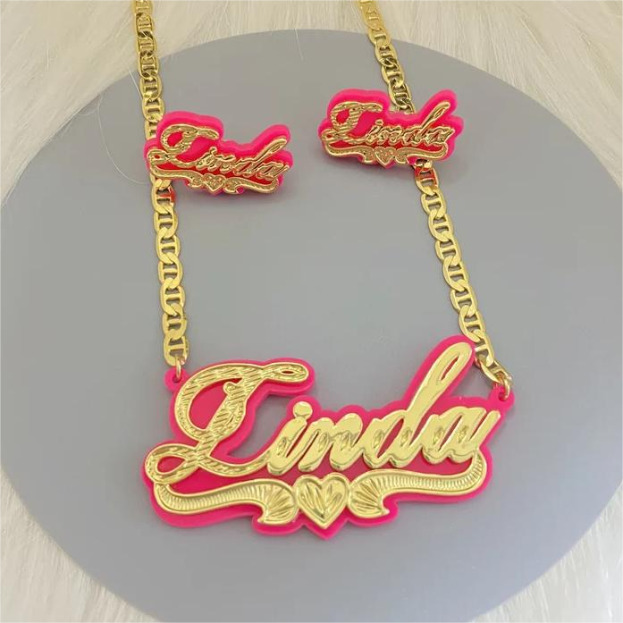 Pink Acrylic with Heart Personalized Custom Gold Plated Name Necklace And Name Stud Earring Set-silviax