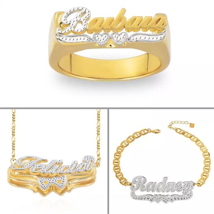 Two Tone Double Heart Name Ring Bracelet and Double Layer Necklace Gold Plated Custom Set-silviax