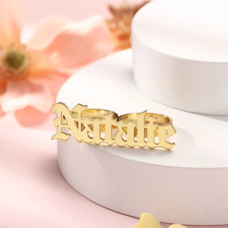 Persnalized Custom Gold Plated Double Finger Old English Font Name Ring-silviax