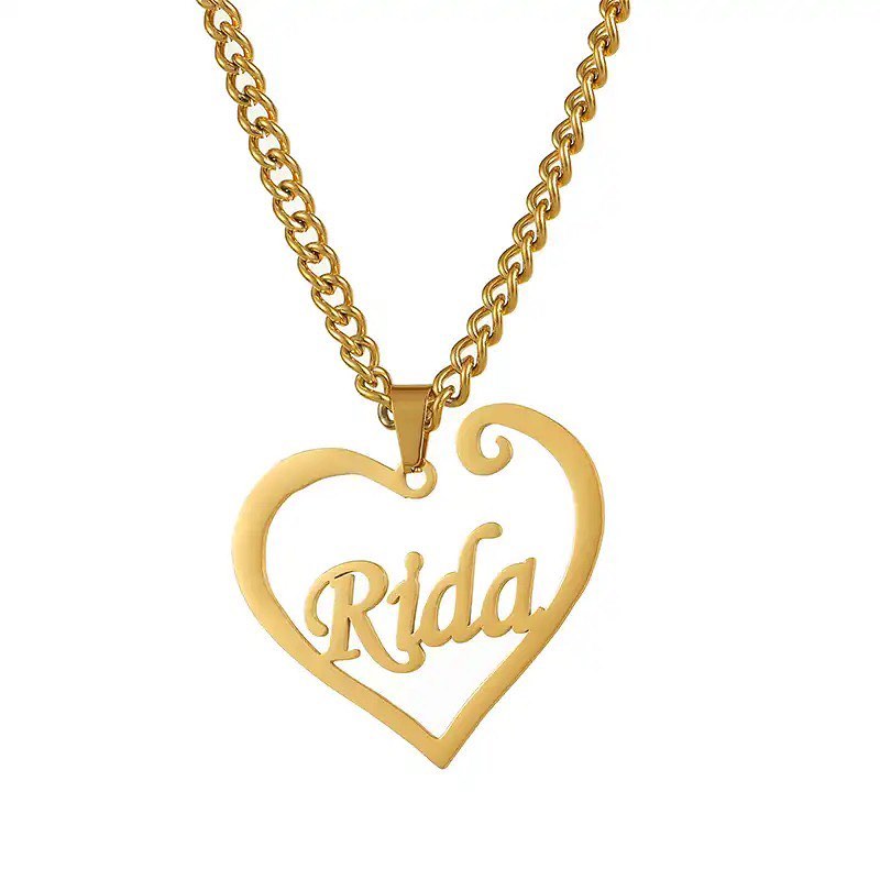 Personalized Gold Plated Heart Shaped Name Necklace Cuban Chain-silviax