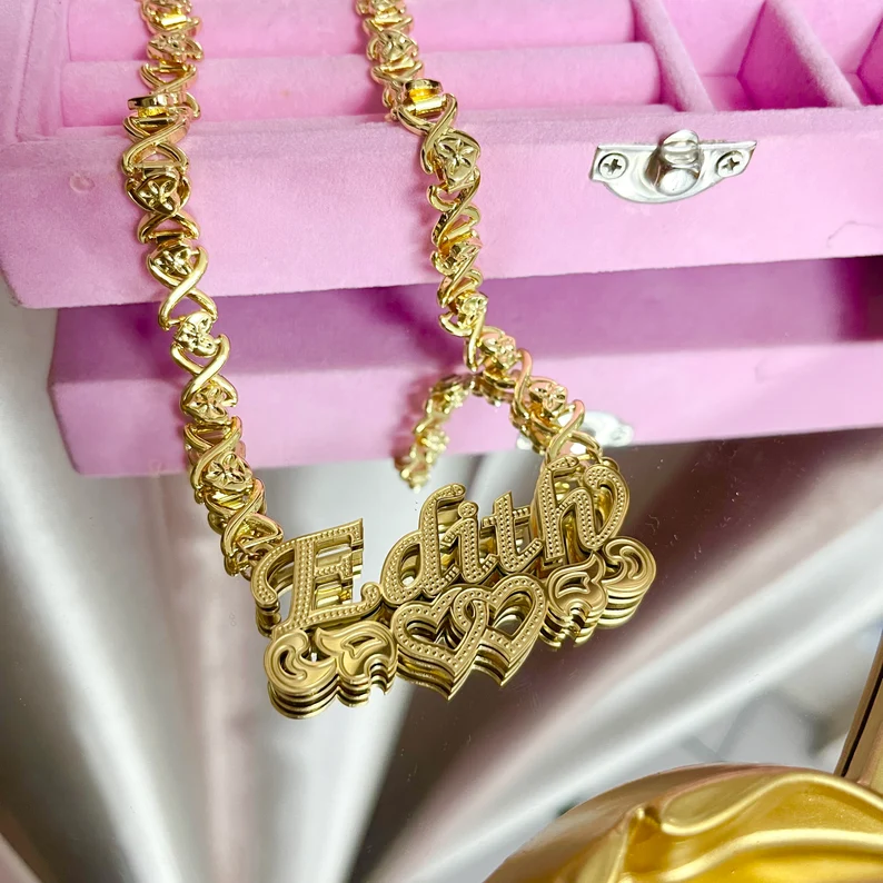 Heart XOXO Chain Double Layer Two Hearts Personalized Custom Name Necklace-silviax