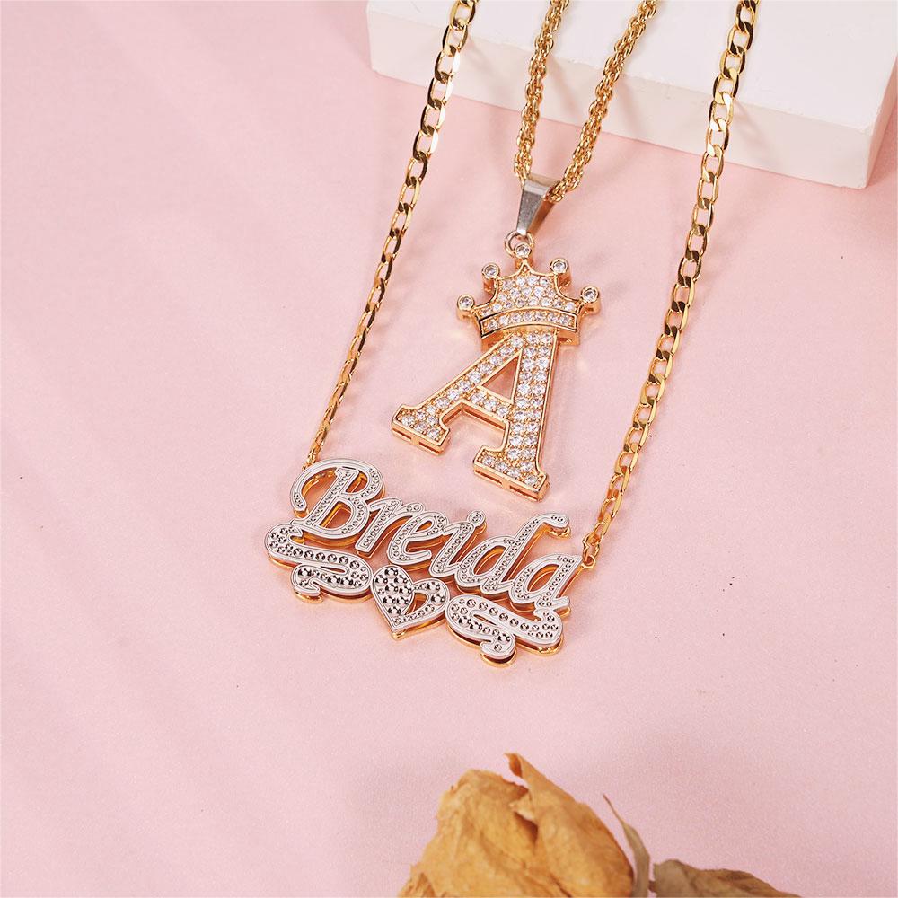 Crown Initial Necklace And Double Layer Two Tone With Heart Personalized Jewelry Set-silviax