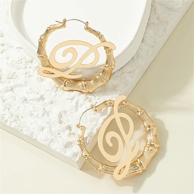 Personalized Custom Gold Plated Initial A-Z Letter Bamboo Name Earrings Gift For Her-silviax