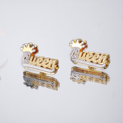 Double Plate Two Tone with Crown Nameplate Personalized Custom Name Stud Earrings-silviax