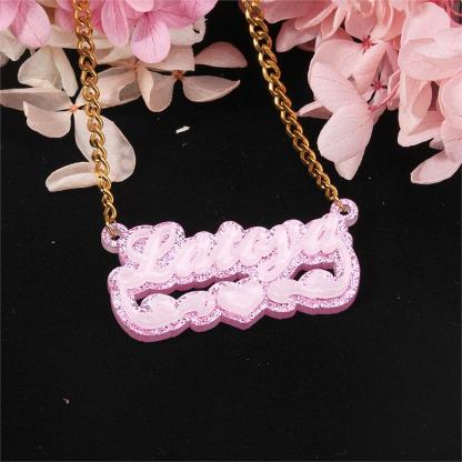 Pink Personalized Double Plate Acrylic Heart Name Necklace