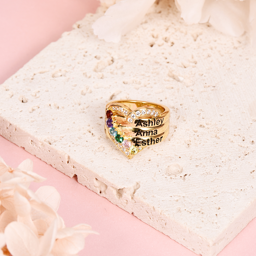 Love For Mom Personalized Custom Gold Plated Heart Name Ring with Birstone -silviax