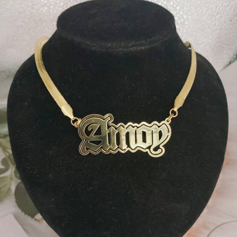 Old English Font Nameplate With Outer Border Personalized Custom Gold Plated Snake Chain Name Neckalce-silviax