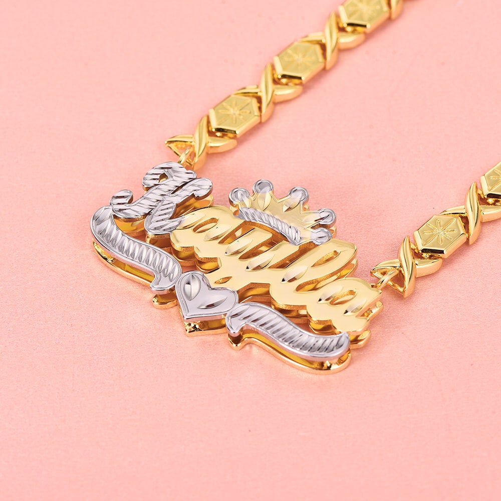 Double Layer Two Tone Crown Personalized Custom Gold Plated 3D Name Necklace with xoxo Chain-silviax