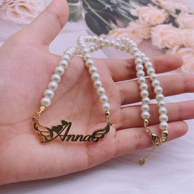 Angel Wing with Pearl Chain Personalized Custom Gold Plated Name Necklace-silviax