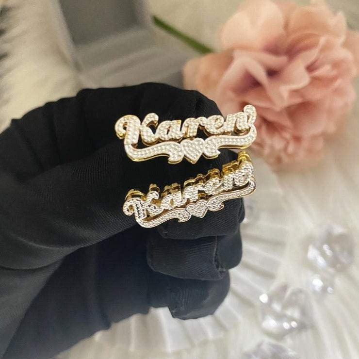 Double Layer Two Tone Nameplate with Heart Personalized Custom Gold Plated Name Earrings-silviax