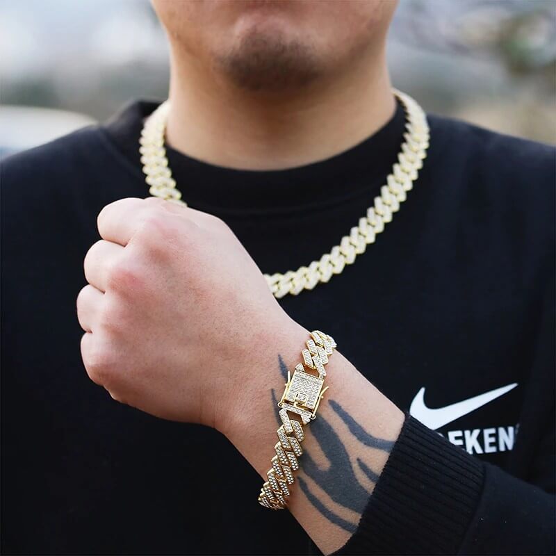 13.5mm Cuban Chain Bling Zircon Gold Plated Necklace and Bracelet Set-silviax