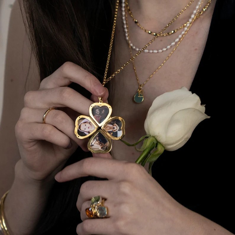 Personalized Gold Plated Four Picture Heart Locket Custom Photo Necklace Anniversary Gift-silviax