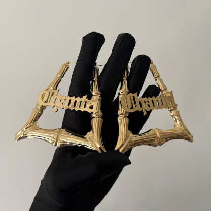Old English Custom Personalized Gold Plated Trapezoid Bamboo Name Earrings-silviax