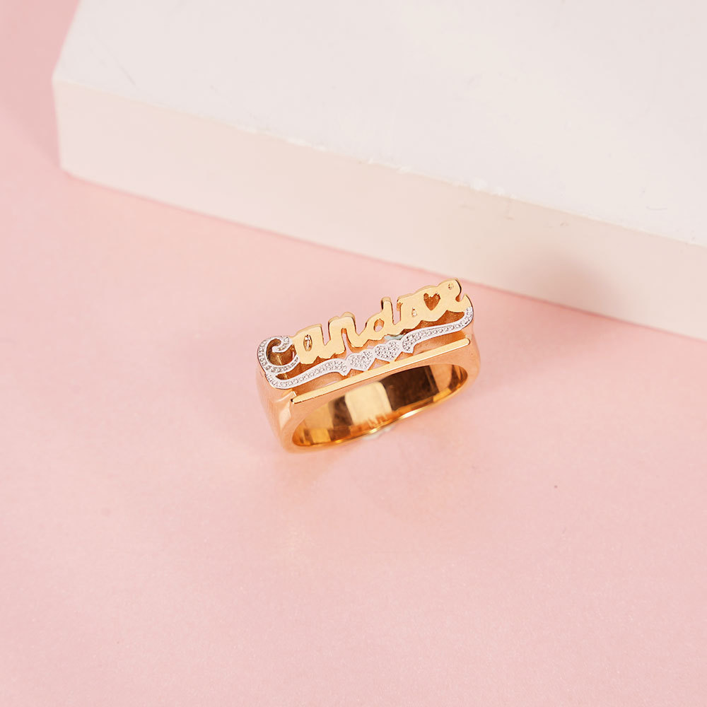 Two Tone Two Hearts Underline Personalized Custom Gold Plated Name Ring-silviax