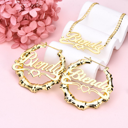 Personalized Double Plated Hollow Heart Name Necklace Bamboo Earrings Set-silviax