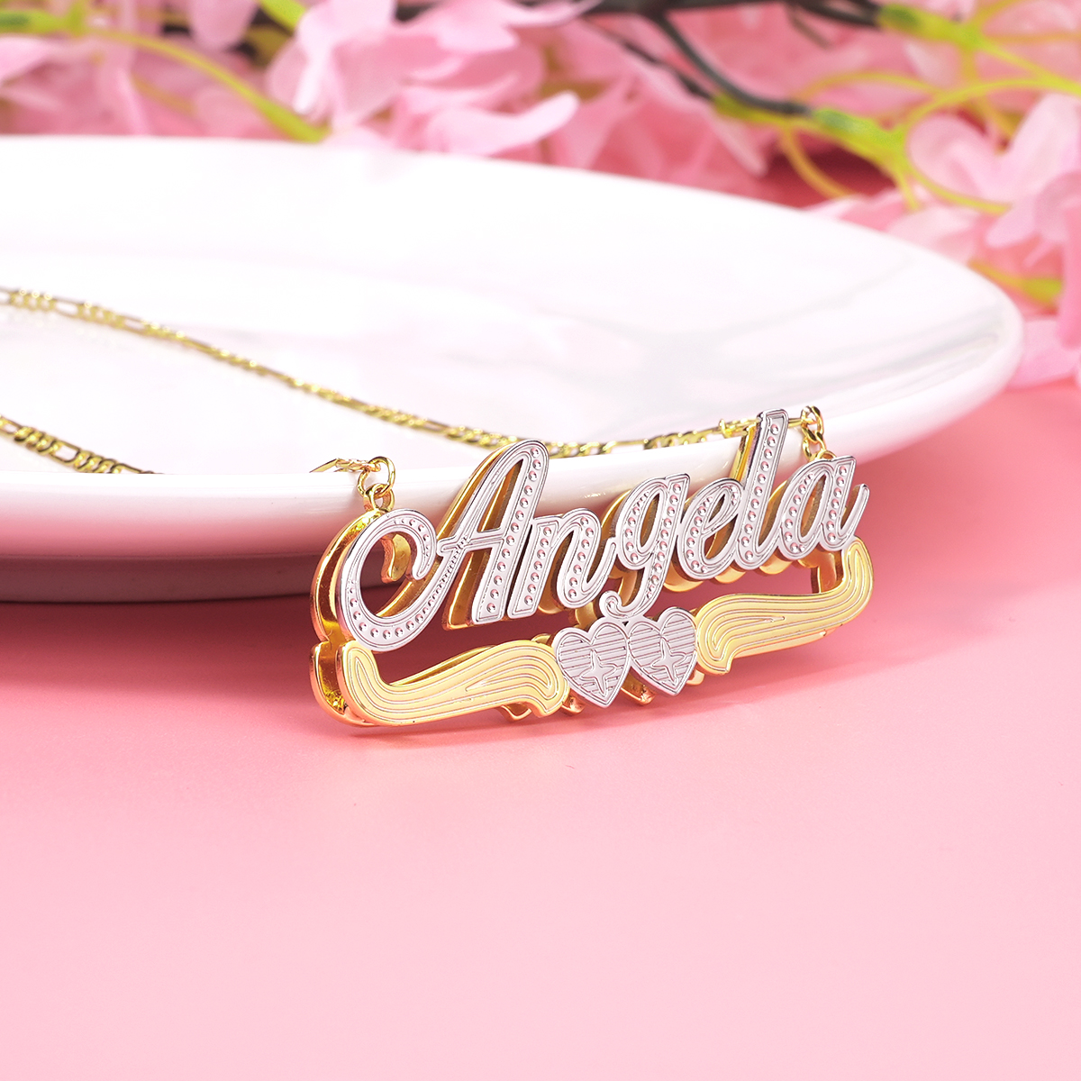 Two Tone Double Plate Gold Plated Personalized Two Heart 3D Name Necklace