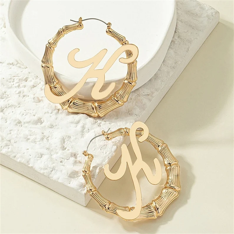 Personalized Custom Gold Plated Initial A-Z Letter Bamboo Name Earrings Gift For Her-silviax