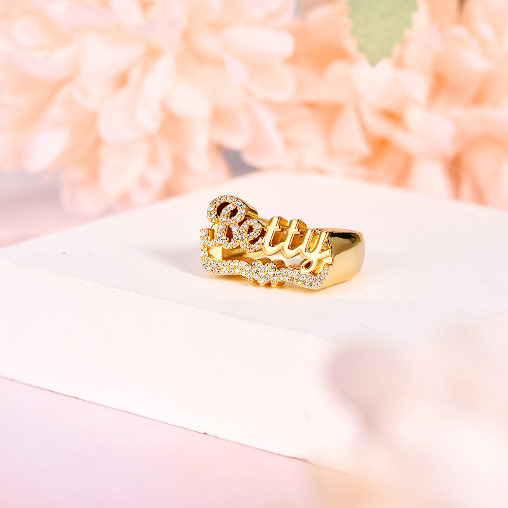 Custom Personalized Gold Plated Bling Bling Heart Name Ring