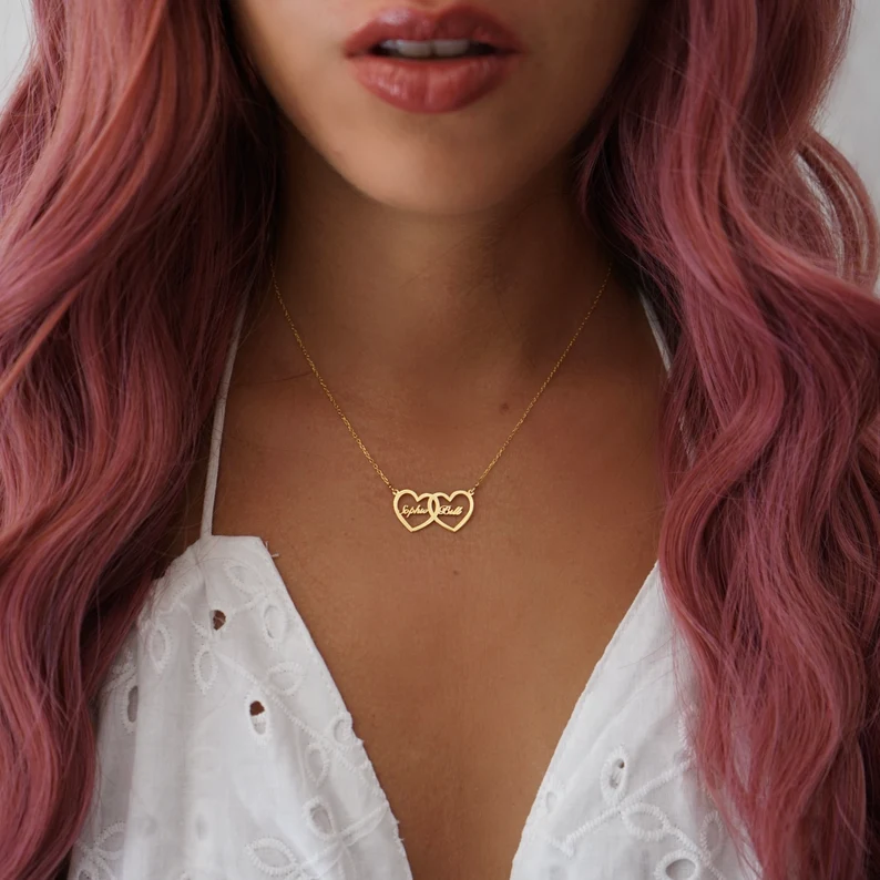 Double Heart Nameplate Pendant Personalized Custom Gold Plated Name Necklace Couple Gifts-silviax