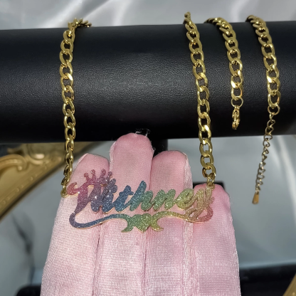 Personalized Cuban Chain Colorful Crown Name Necklace with Heart-silviax