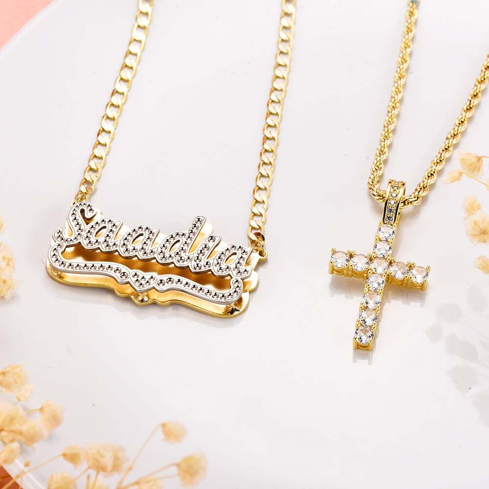 Cross Pendant Necklace and Double Plate Two Tone with Heart Personalized Custom Name Necklace Set-silviax