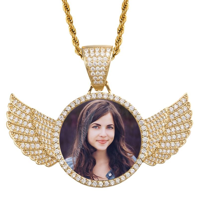 Angel Wings Round Pendant Customized Gold Plated Photo Necklace-silviax