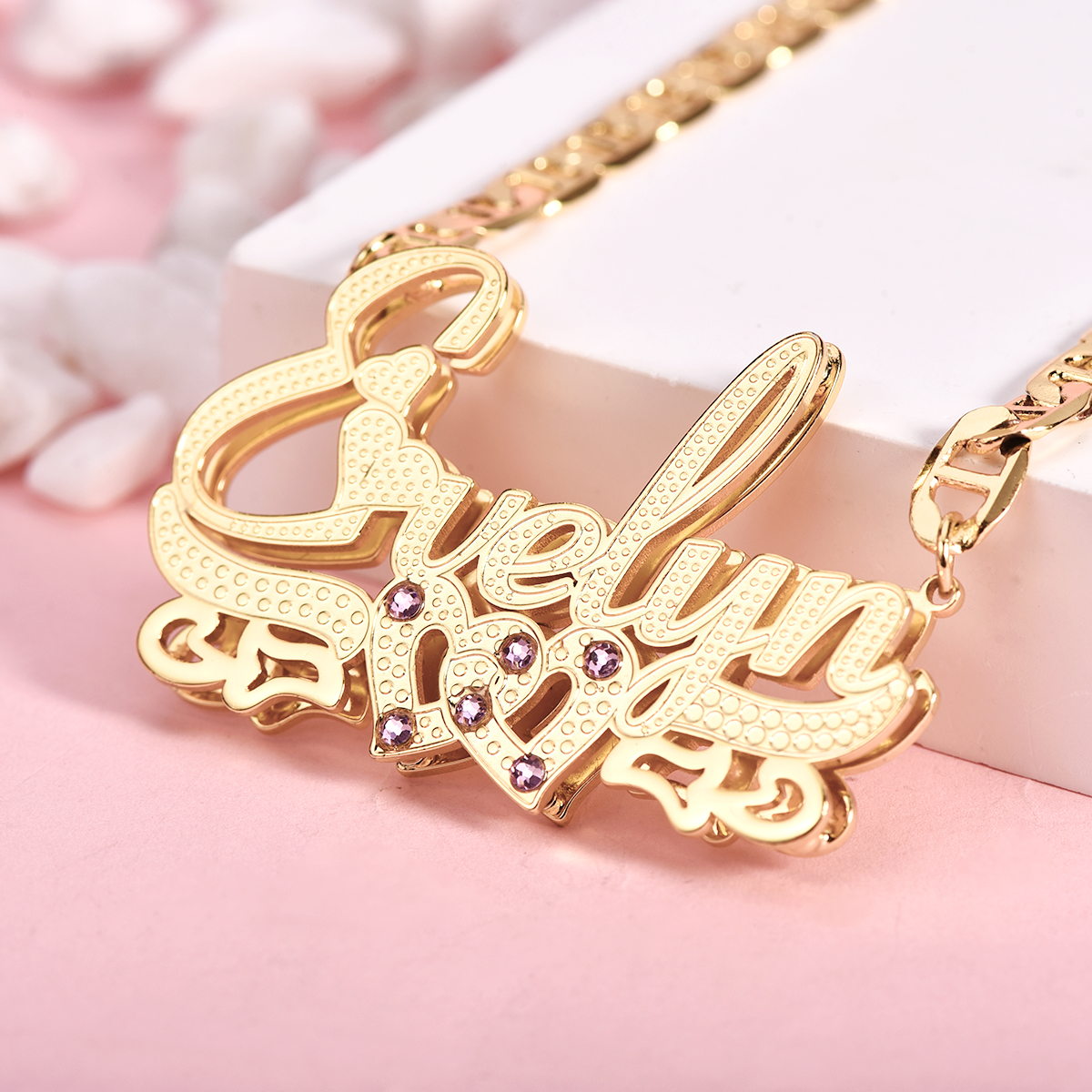 Double Layer Two Heart with Pink Zircon Personalized Custom 3D Name Necklace