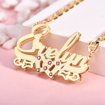 Double Layer Two Heart with Pink Zircon Personalized Custom 3D Name Necklace-silviax
