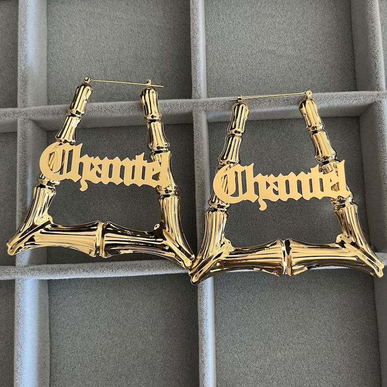 Old English Custom Personalized Gold Plated Trapezoid Bamboo Name Earrings-silviax