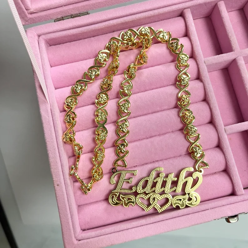 Heart XOXO Chain Double Layer Two Hearts Personalized Custom Name Necklace-silviax
