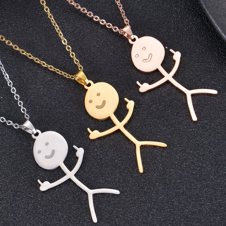 Gold Plated Funny Doodle Stickman Middle Finger Necklace-silviax