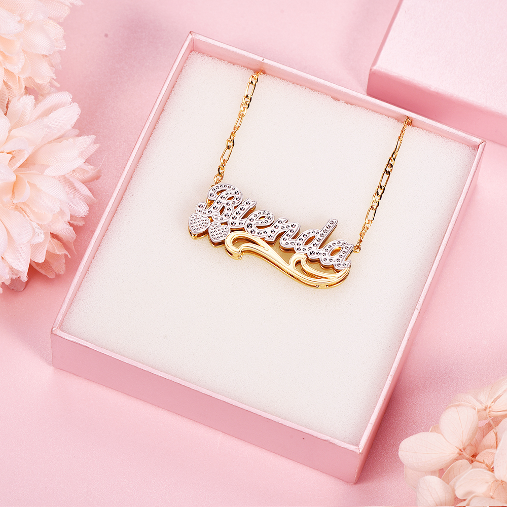 Two Tone Double Layer Personalized Custom 3D Name Necklace with Double Heart-silviax