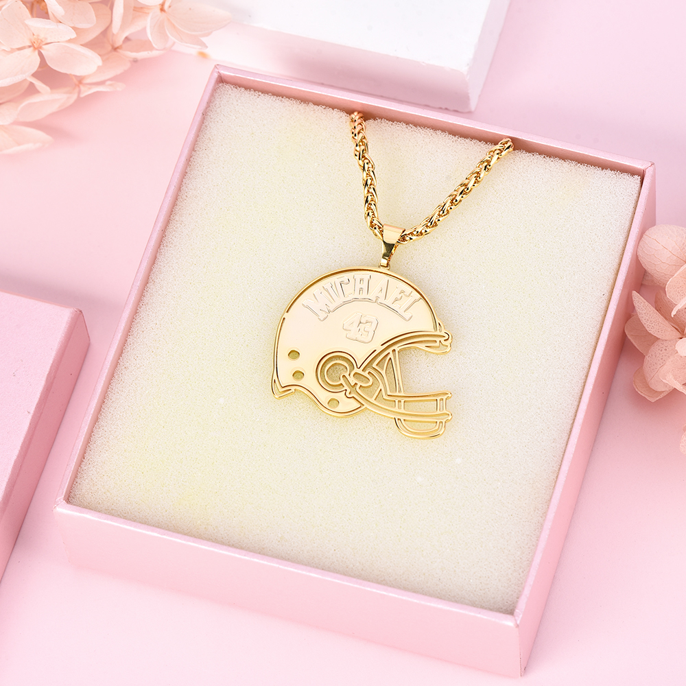 Gold Plate American Football Player Helmet Carved Custom Name Jersey Number Necklace-silviax