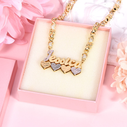 Teddy Bear and Heart XOXO Chain Double Layer Two Tone Four Hearts Personalized Custom Name Necklace-silviax