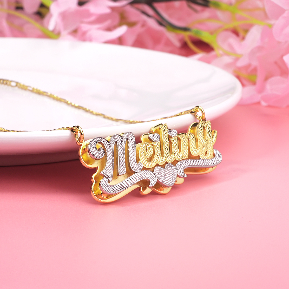 Two Tone Double Layer Gold Plated Personalized Custom Heart Nameplate Necklace